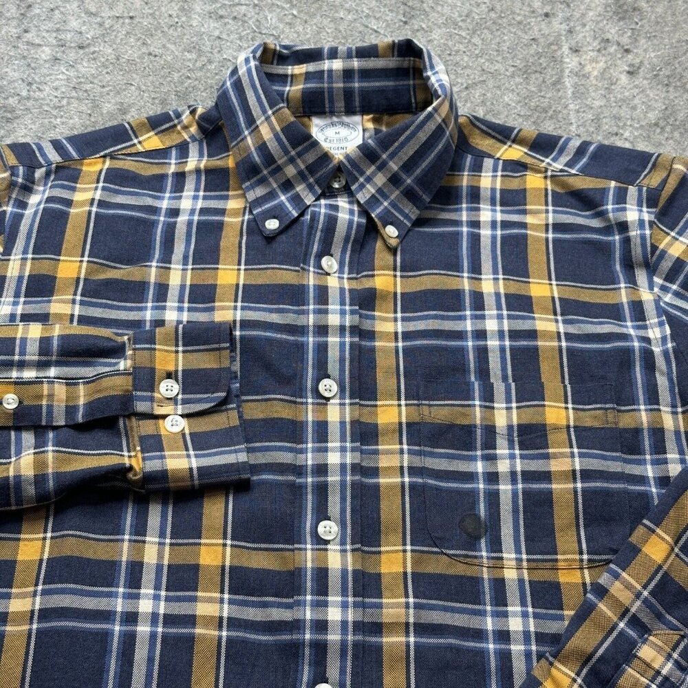 Brooks Brothers Oxford Button-Down Shirt Men M Blue Gold Plaid OCBD Regent